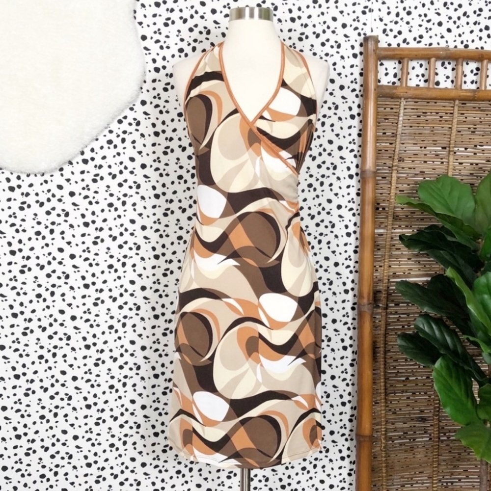 Vintage | 90s Eleven Retro Swirl Fitted Tan Brown Halter Dress S